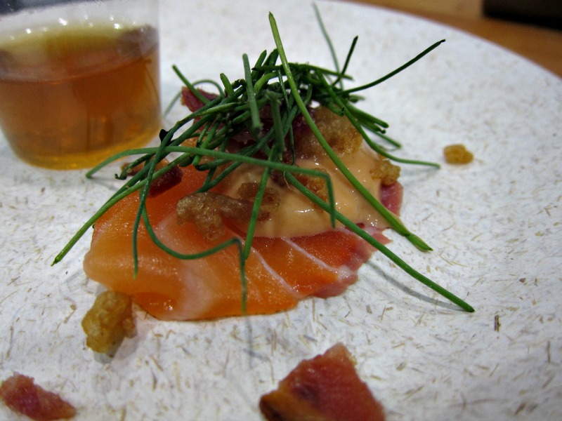 Bistro Dre's Salmon Sashimi (wild) with Bacon Tempura Crunch, Tomato Bacon Mayo, Bacon Ponzu, and Micro Greens - excellent and a finalist for Saturday Night's Golden Rasher.jpg